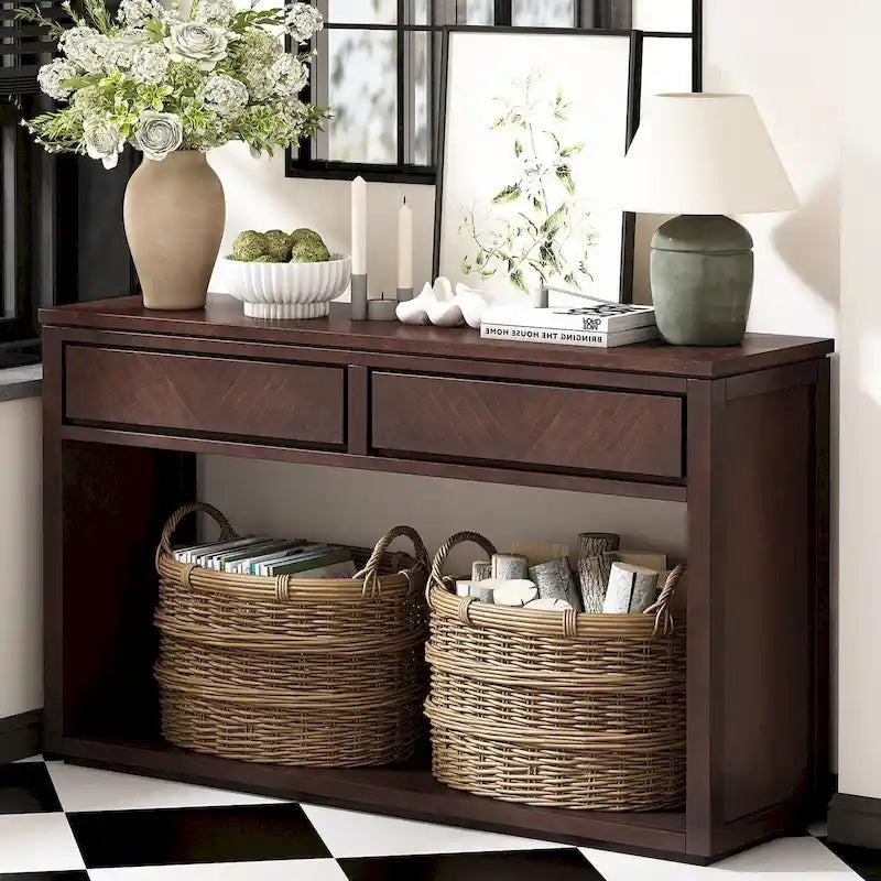 Console de 55" rustique avec tiroirs et étagère ouverte pour salon