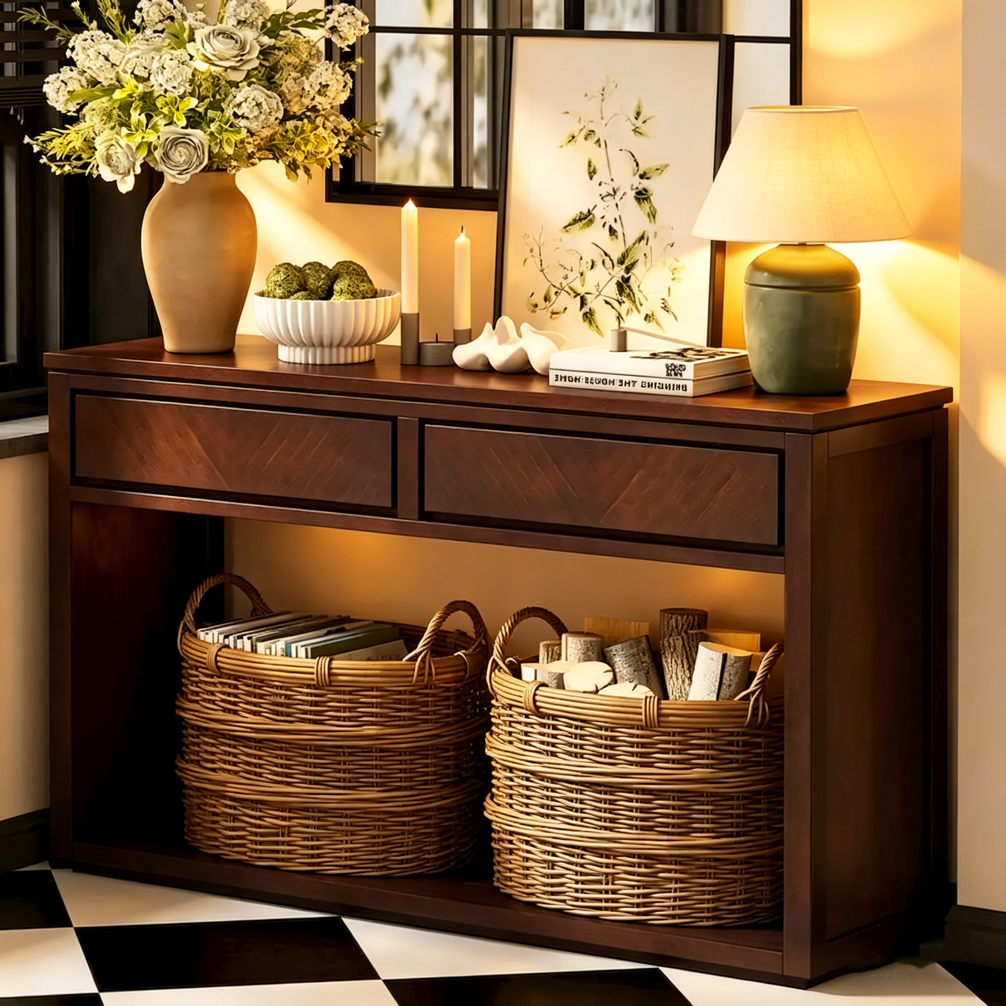 Console de 55" rustique avec tiroirs et étagère ouverte pour salon