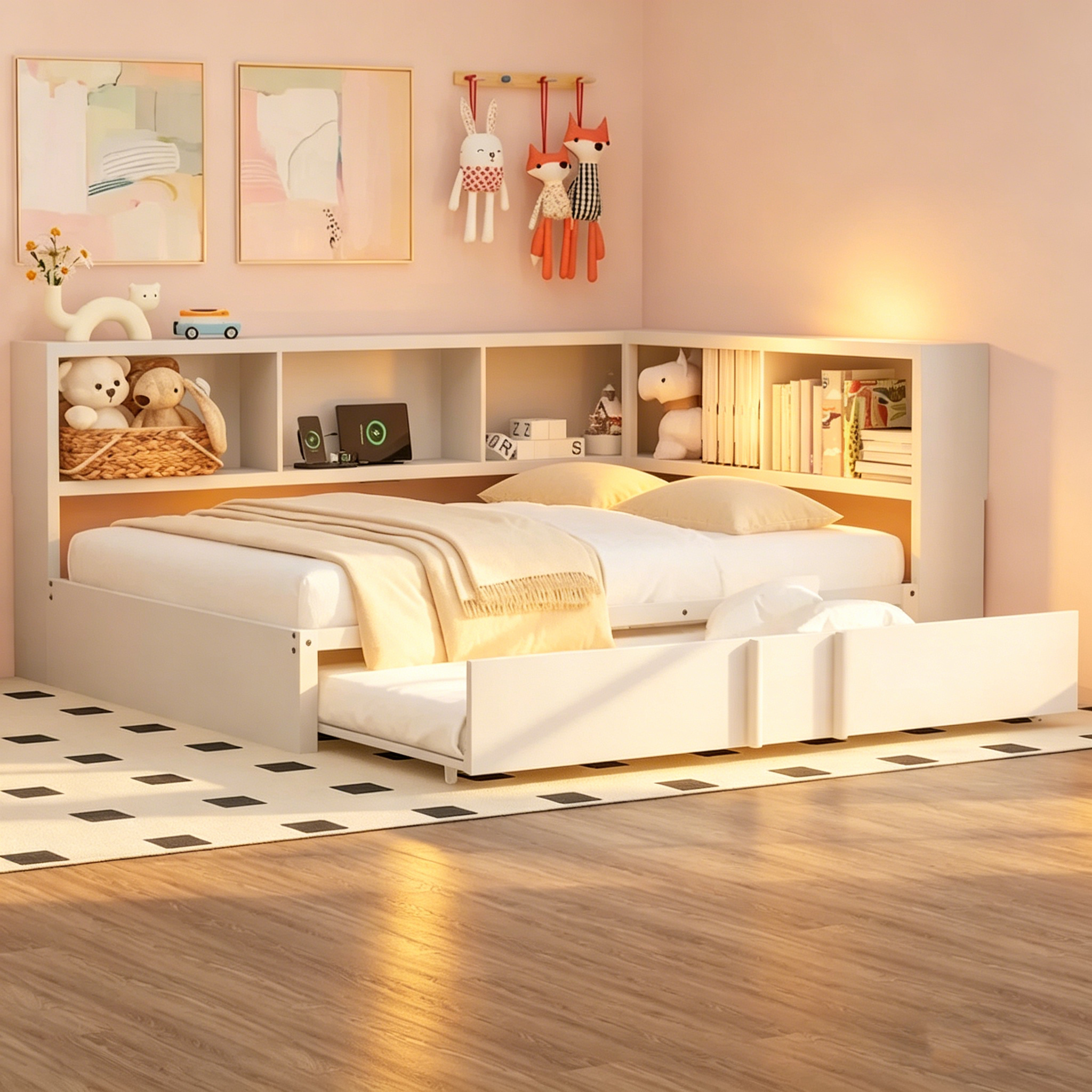 Lit de repos en métal avec lit gigogne, armoires de rangement et ports USB