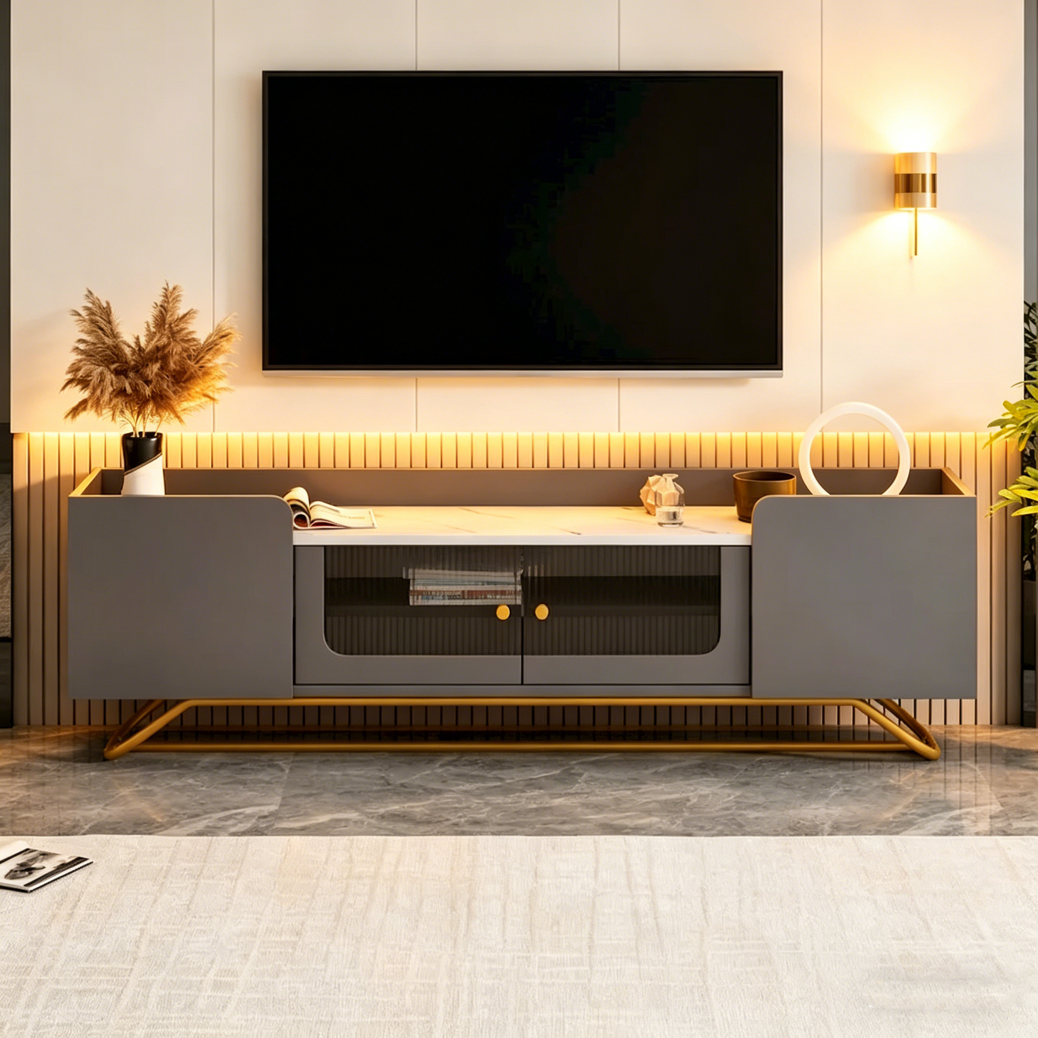 Meuble TV avec base en métal doré