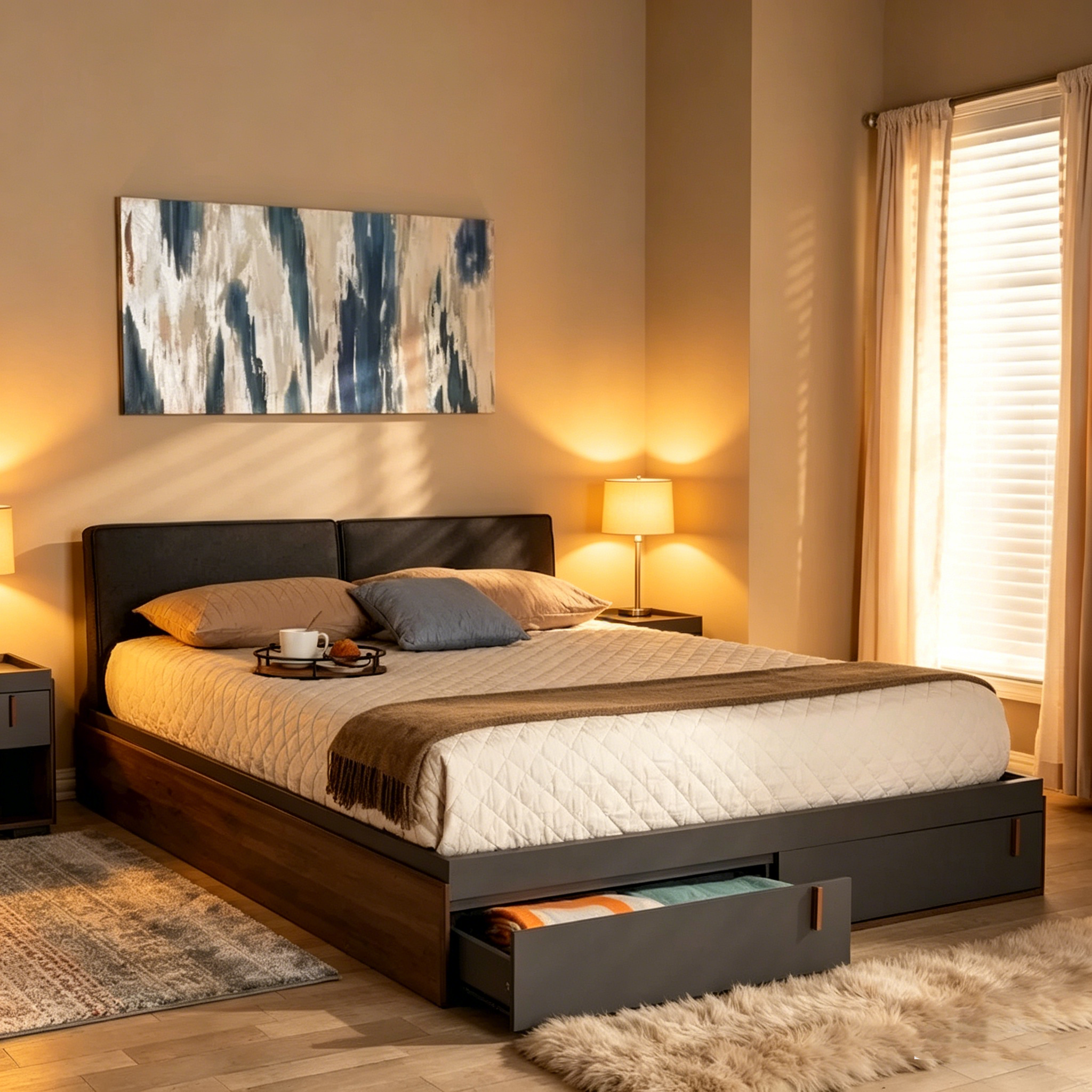 Lit plateforme de rangement contemporain pour grand lit (Queen Size)