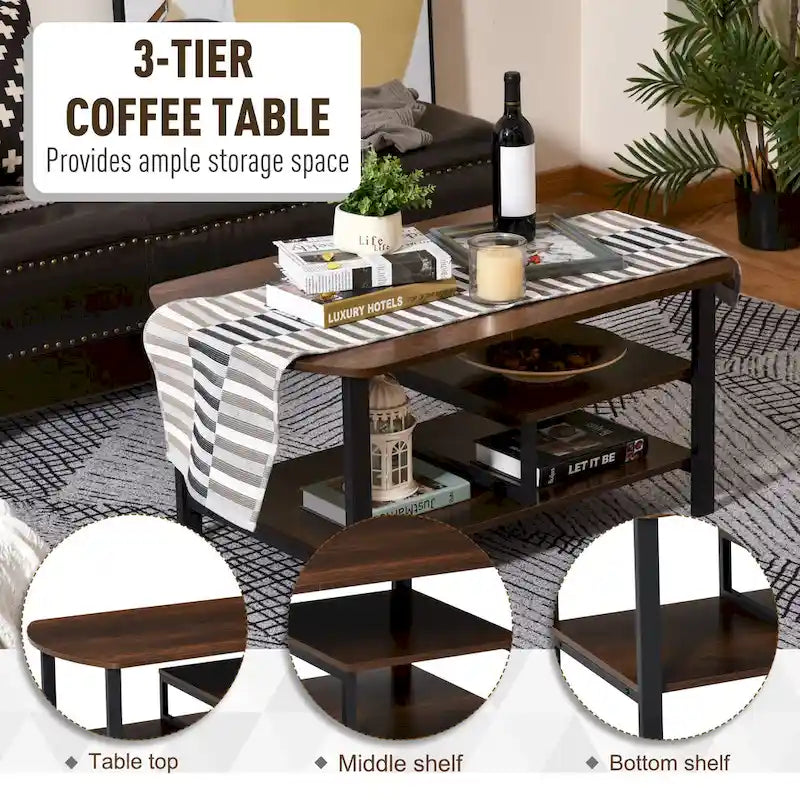 Table basse de style industriel rétro en bois foncé, avec rangement sous le plateau et coins arrondis.