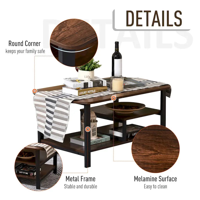 Table basse de style industriel rétro en bois foncé, avec rangement sous le plateau et coins arrondis.
