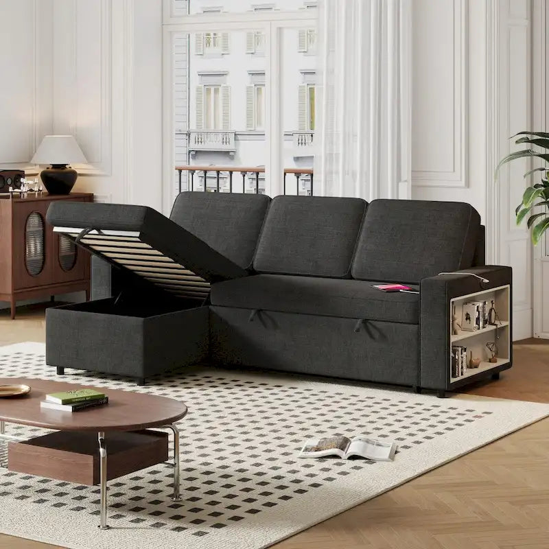 Canapé-lit extensible de 85,8 pouces, canapé d'angle avec port USB, canapé-lit convertible avec étagères de rangement.