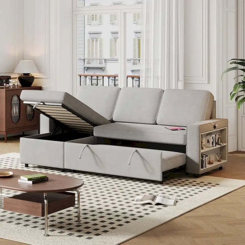 Canapé-lit extensible de 85,8 pouces, canapé d'angle avec port USB, canapé-lit convertible avec étagères de rangement.